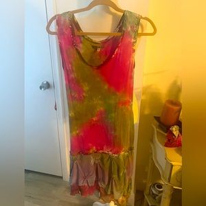 🌹COCO MEZON EUC Stunning Boho Tie Dye Pink/Green Embroidered Beaded Sz S Dress!